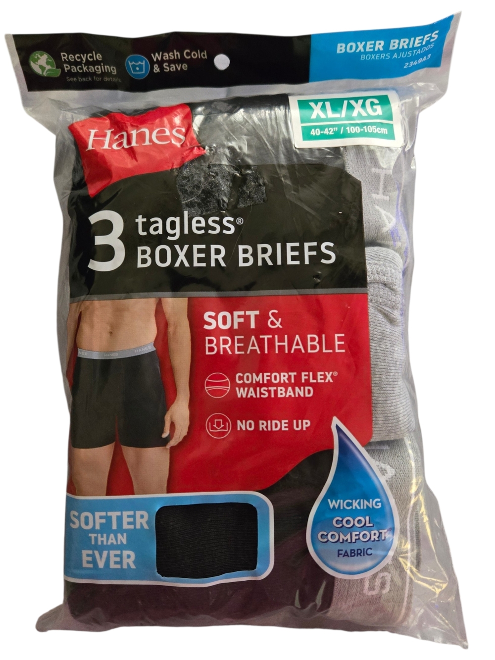 Hanes Men's Tagless Boxer Briefs - Black/Grey Breathable Wicking Cool (3-Pack)